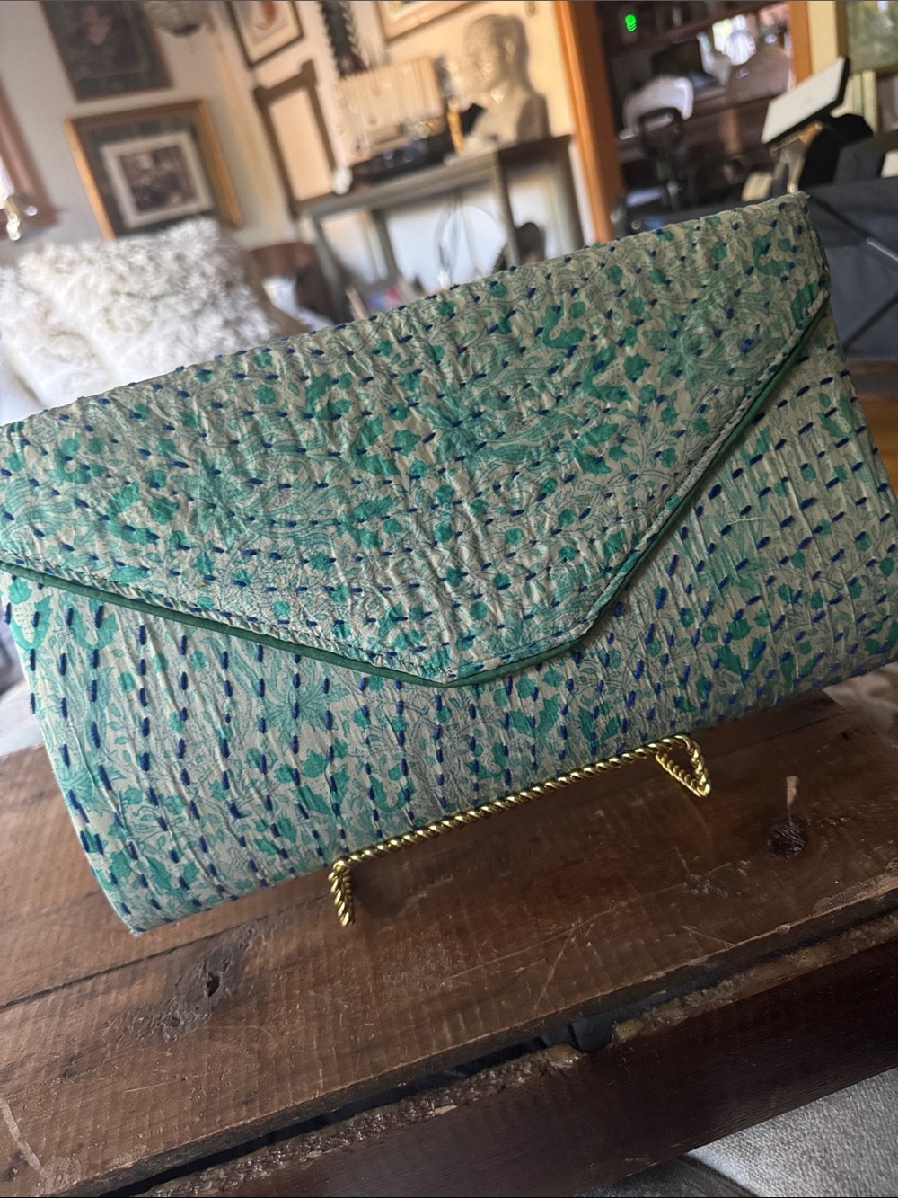 Blue Textured Envelope Clutch with Patterned Stitching